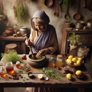 Une grand-mère prépare une boisson maison dans une cuisine chaleureuse, entourée de citrons, d'herbes et de pots de miel.