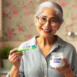 Une grand-mère tenant une brosse à dents et un bocal de bicarbonate de soude, montrant comment les utiliser pour l'hygiène dentaire.