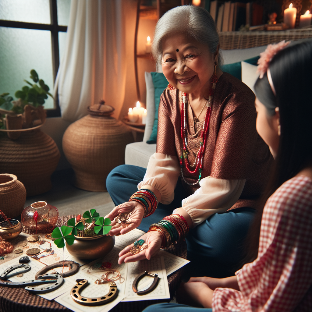 Une grand-mère sage partageant des astuces et effectuant des rituels pour attirer la chance