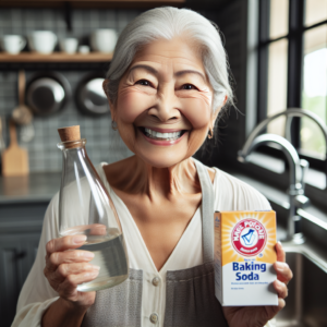 Une grand-mère souriante tenant une bouteille de vinaigre et une boîte de bicarbonate de soude dans sa cuisine, avec un évier en arrière-plan