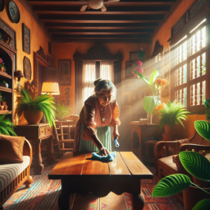 Grand-mère en train de dépoussiérer une maison propre avec des meubles en bois et de grandes plantes d'intérieur
