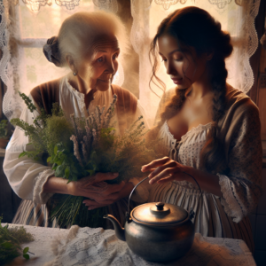 Une grand-mère conseillant une jeune mère sur l'arrêt de l'allaitement, entourée d'herbes et de tisanes