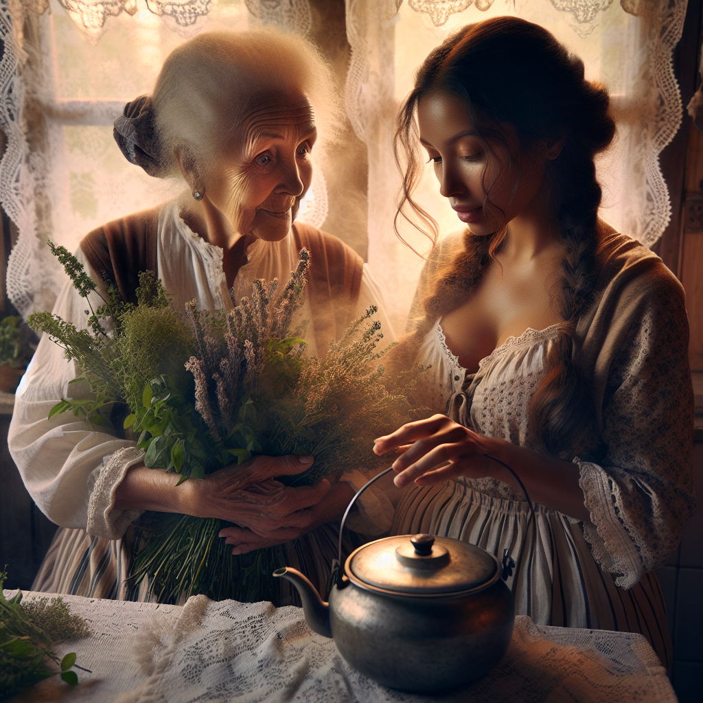Une grand-mère conseillant une jeune mère sur l'arrêt de l'allaitement, entourée d'herbes et de tisanes