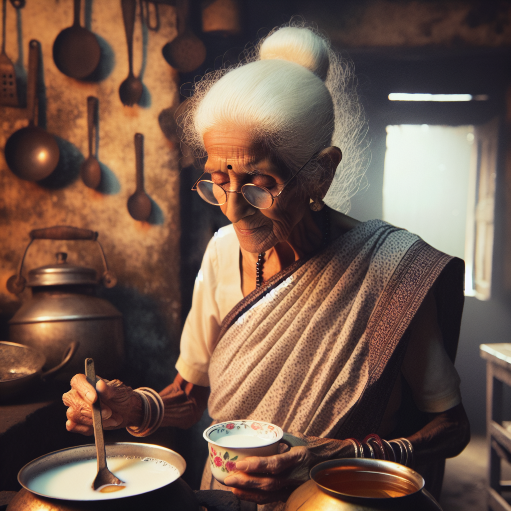 Une grand-mère prépare une tasse de lait chaud avec du miel dans une cuisine chaleureuse.