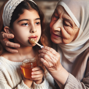 Une grand-mère appliquant du miel sur la bouche d'une jeune fille pour traiter un aphte.
