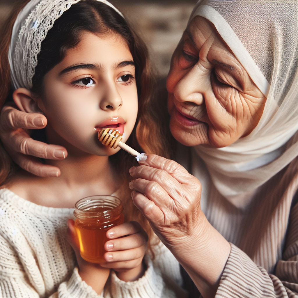 Une grand-mère appliquant du miel sur la bouche d'une jeune fille pour traiter un aphte.