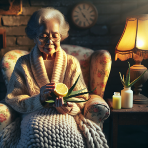 Une grand-mère montrant des remèdes naturels comme le citron et l'aloe vera pour traiter la dartre.