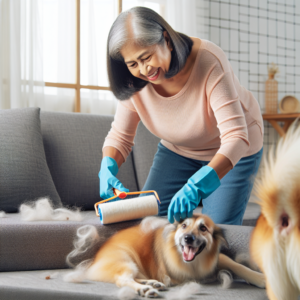 Grand-mère nettoie un canapé couvert de poils de chien avec des gants en caoutchouc.