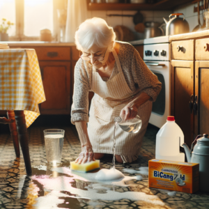 Une grand-mère nettoie un sol en lino dans une cuisine confortable en utilisant des produits de nettoyage naturels comme le vinaigre et le bicarbonate de soude.