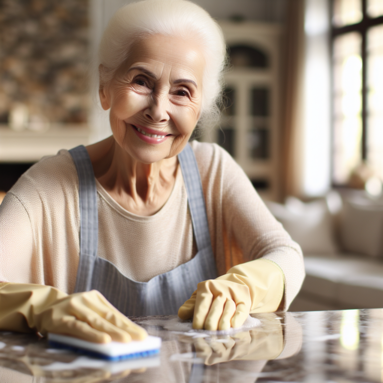 Une grand-mère nettoyant une table en marbre avec une solution de nettoyage maison, souriante et satisfaite.