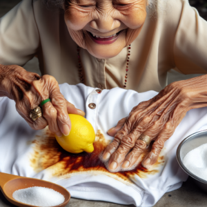 Une grand-mère nettoyant une tache de rouille sur une chemise blanche avec du citron et du sel