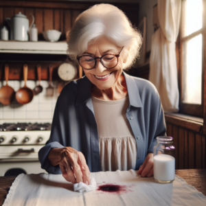 Une grand-mère nettoie une tache de vin rouge sur une nappe avec divers produits de cuisine