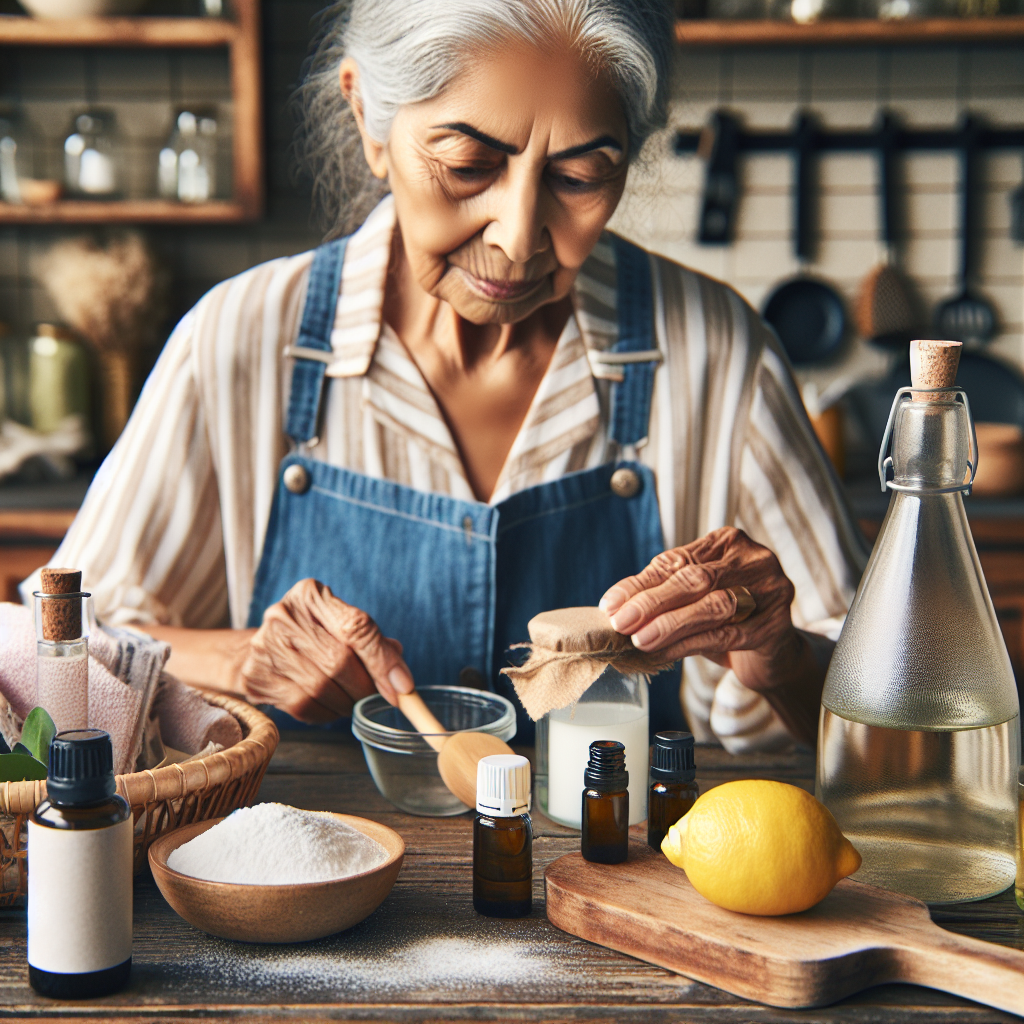 Une grand-mère sage nettoyant sa maison avec des ingrédients naturels