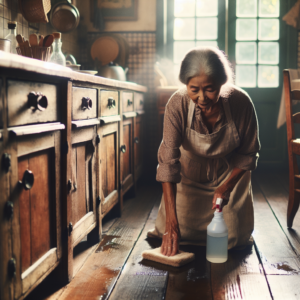 Grand-mère nettoyant le sol avec des ingrédients naturels