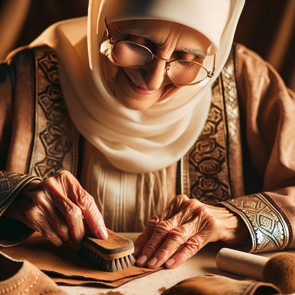 Une grand-mère utilisant des méthodes traditionnelles pour nettoyer le daim