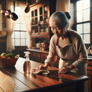 Grand-mère nettoyant et polissant une table en bois avec des solutions naturelles