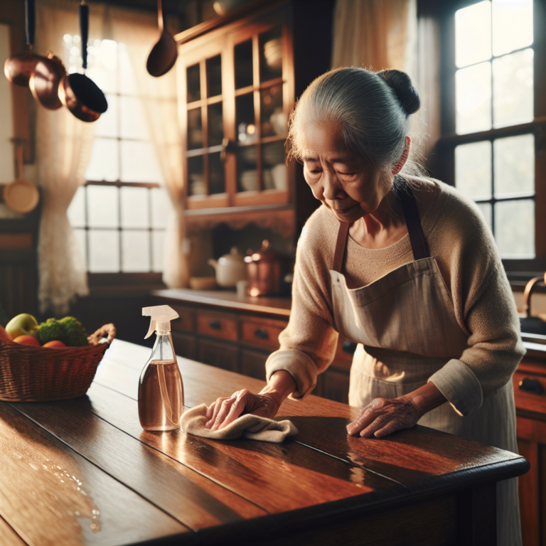 Grand-mère nettoyant et polissant une table en bois avec des solutions naturelles