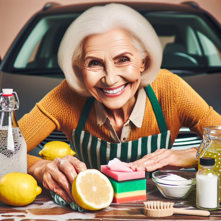 Une grand-mère polissant une voiture avec des produits naturels