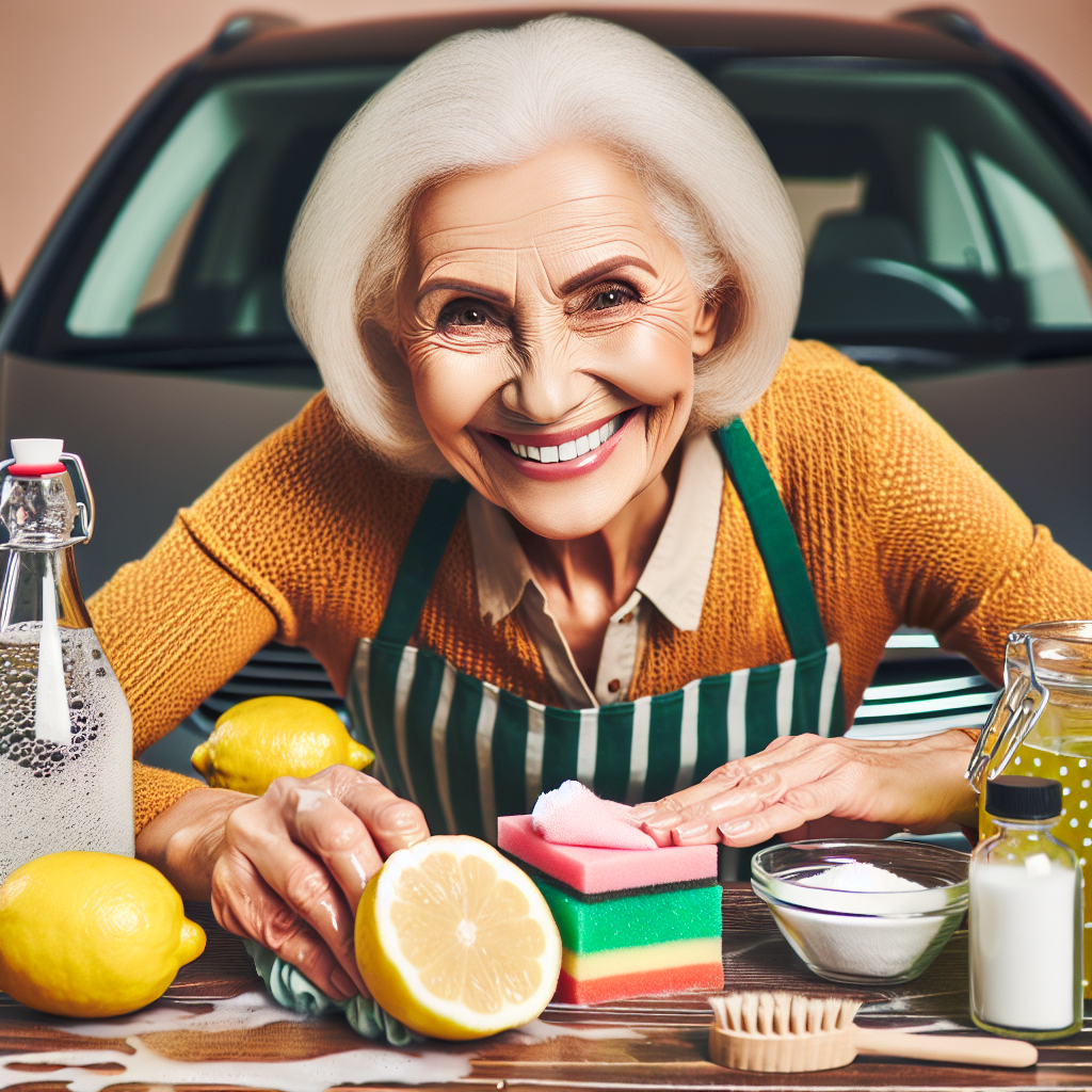 Une grand-mère polissant une voiture avec des produits naturels