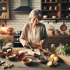 Une grand-mère dans sa cuisine préparant des remèdes naturels pour un mal de gorge, avec des ingrédients comme le miel, le citron, la camomille et le thym sur la table.