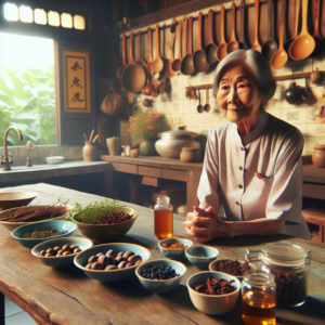 Grand-mère montrant des remèdes naturels pour nettoyer les reins dans une cuisine chaleureuse