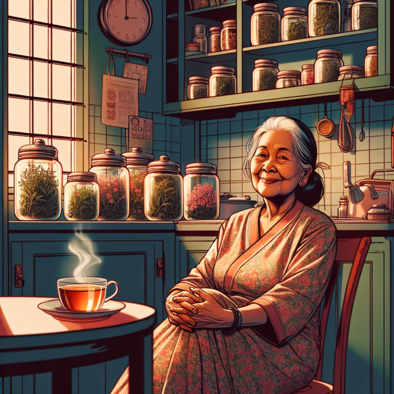 Une grand-mère partageant des remèdes maison pour le rhume dans une cuisine vintage