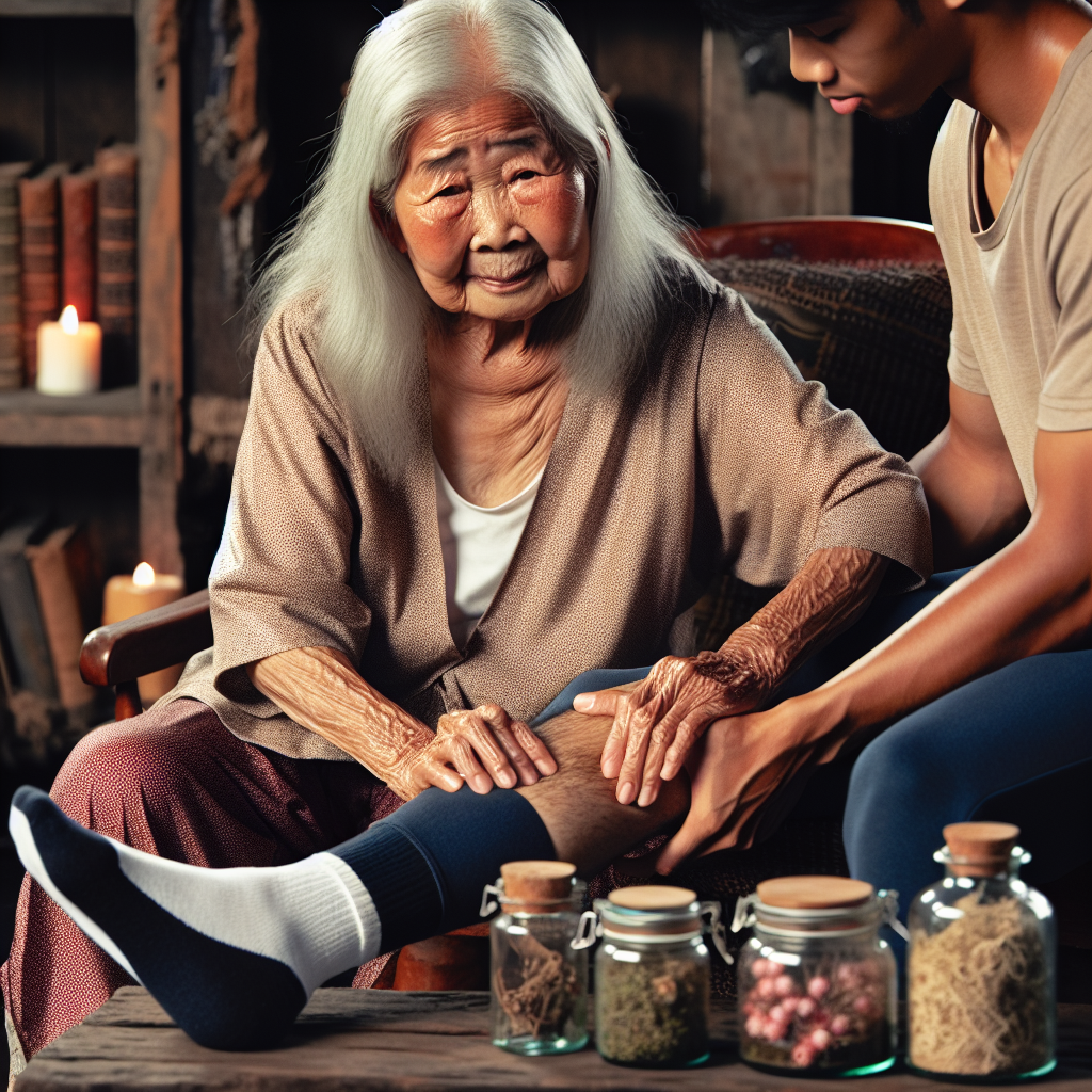 Une grand-mère appliquant un remède naturel à une cheville enflée