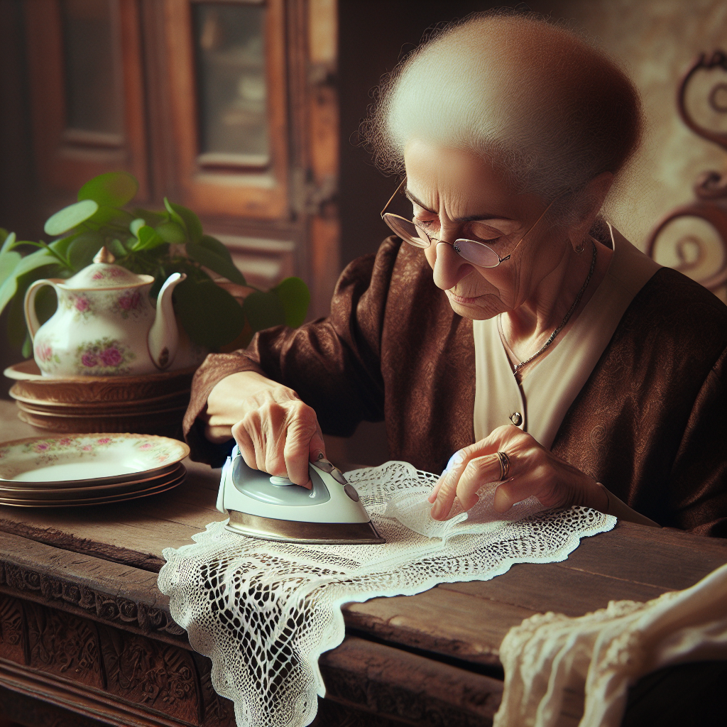 Une grand-mère qui amidonne des napperons en dentelle sur une table en bois vintage.
