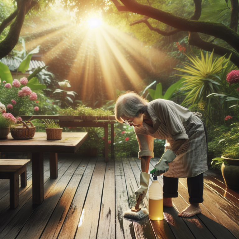 Une grand-mère nettoie énergiquement une terrasse en bois avec des produits naturels dans un cadre de jardin charmant.