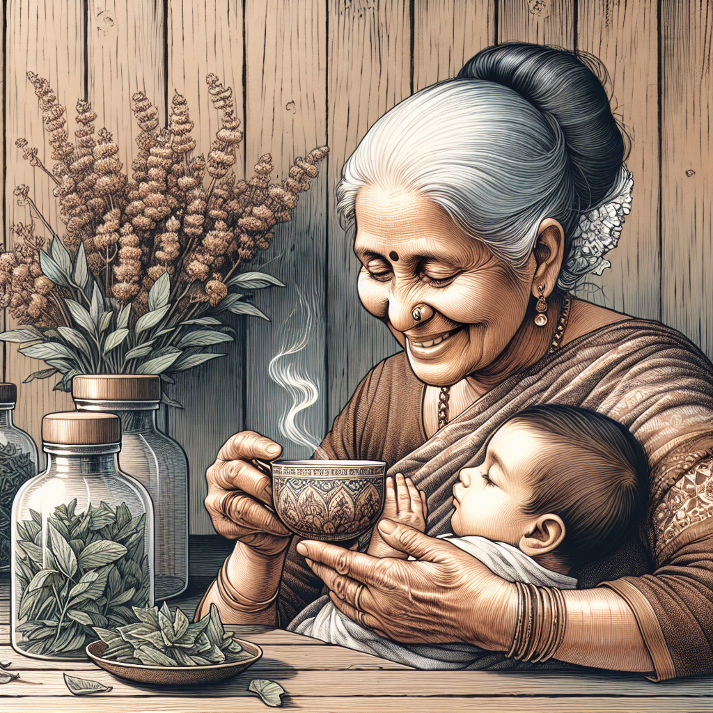 Grand-mère souriante tenant un bébé et offrant une tasse de tisane avec des bouteilles de sauge et de menthe.