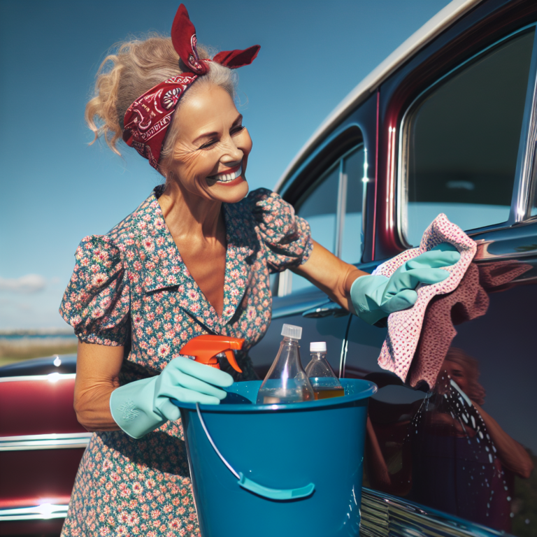 Une grand-mère nettoyant sa voiture avec des produits naturels