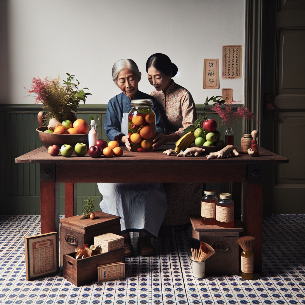 Grand-mère tenant un bocal de remèdes maison à une table de cuisine vintage