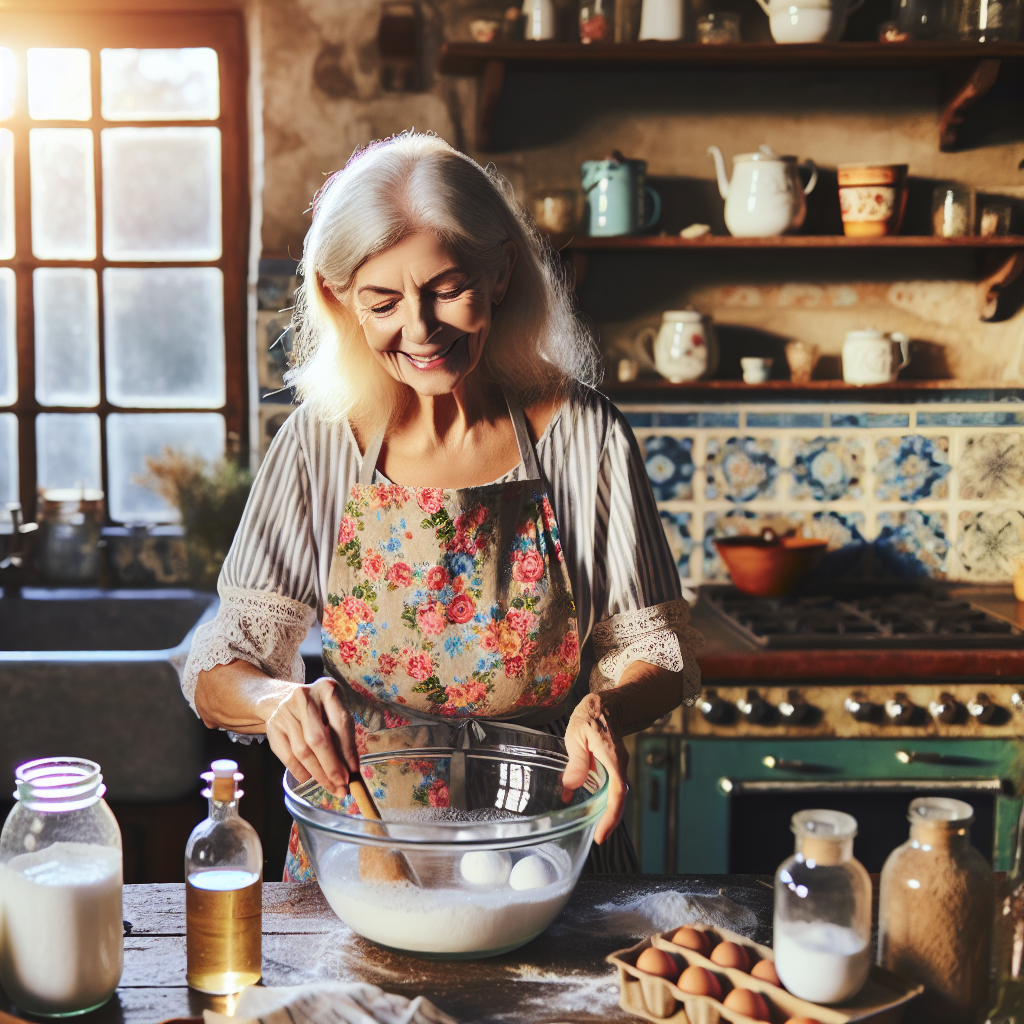 Grand-mère souriante en tablier fleuri préparant des produits de nettoyage naturels dans sa cuisine