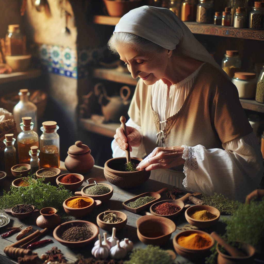 Grand-mère préparant des remèdes à base de plantes dans sa cuisine.