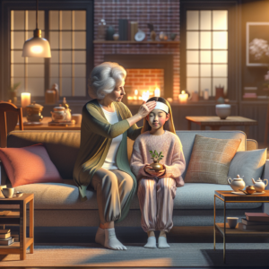 Grand-mère utilisant une compresse d'herbes pour apaiser une migraine