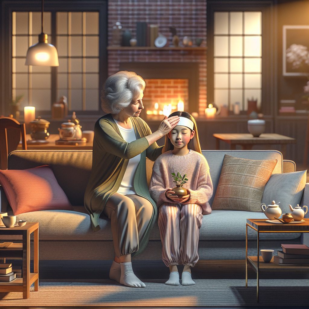 Grand-mère utilisant une compresse d'herbes pour apaiser une migraine