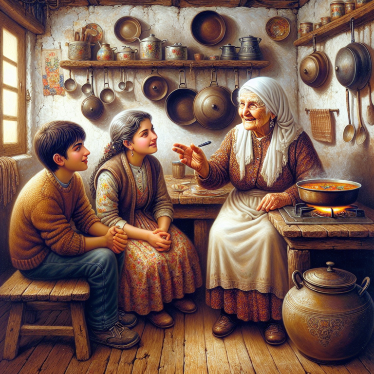 Une grand-mère partageant ses conseils pour la maison avec sa famille dans une cuisine chaleureuse