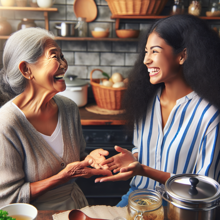 Une grand-mère partageant des conseils pour réduire naturellement la poitrine avec une femme.