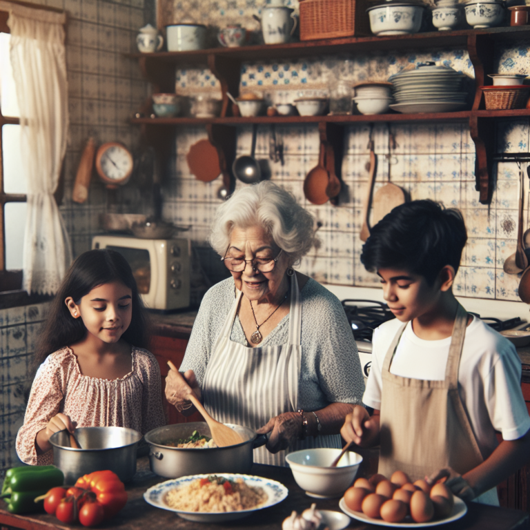 Grand-mère cuisinant dans une cuisine chaleureuse avec ses petits-enfants, avec des plats fraîchement préparés sur le comptoir.