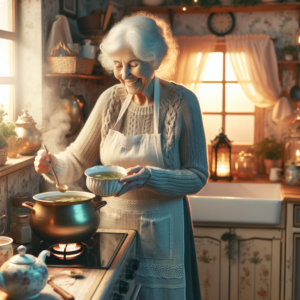 Une grand-mère dans une cuisine chaleureuse préparant un bouillon d'os et buvant une tisane.