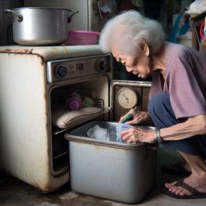 Grand-mère dégivrant un congélateur avec des méthodes traditionnelles.