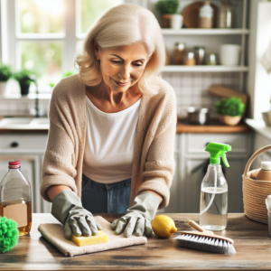 Une grand-mère utilisant des produits de nettoyage naturels pour garder sa maison propre