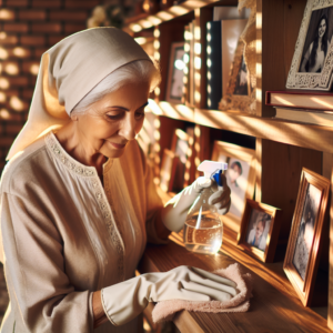 Grand-mère utilisant du vinaigre blanc et un chiffon en microfibre pour dépoussiérer une étagère en bois.