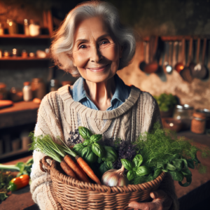 Une gentille grand-mère tenant un panier de plantes et de légumes frais dans une cuisine confortable.