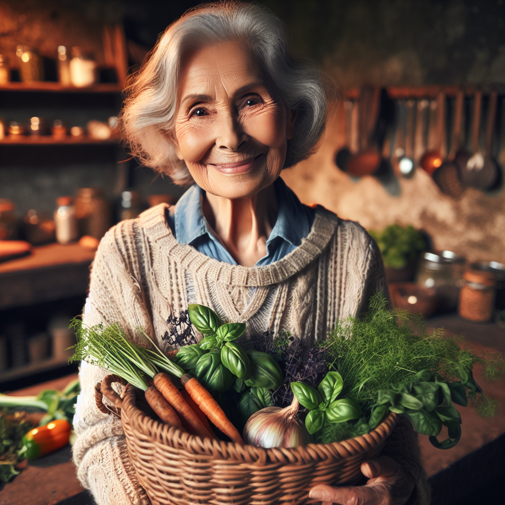 Une gentille grand-mère tenant un panier de plantes et de légumes frais dans une cuisine confortable.
