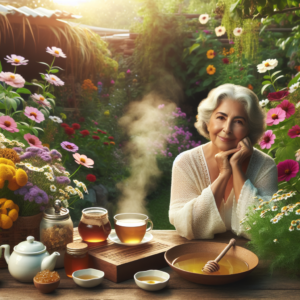 Une grand-mère sereine dans un jardin en fleurs utilisant des remèdes naturels tels que la tisane de camomille et le miel pour les allergies