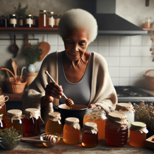 Grand-mère dans une cuisine confortable avec des tisanes et des pots de miel, traitant un mal de gorge.
