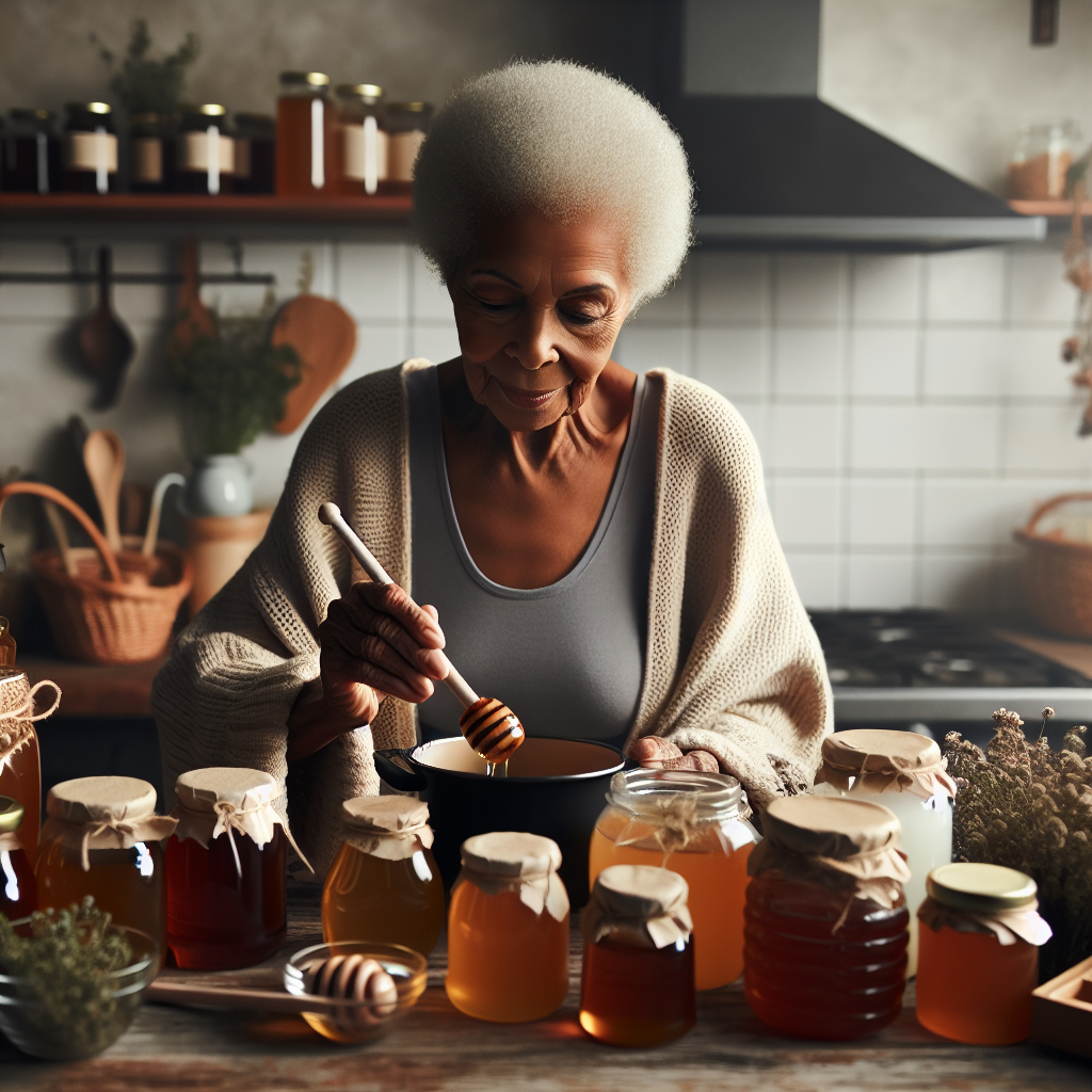 Grand-mère dans une cuisine confortable avec des tisanes et des pots de miel, traitant un mal de gorge.