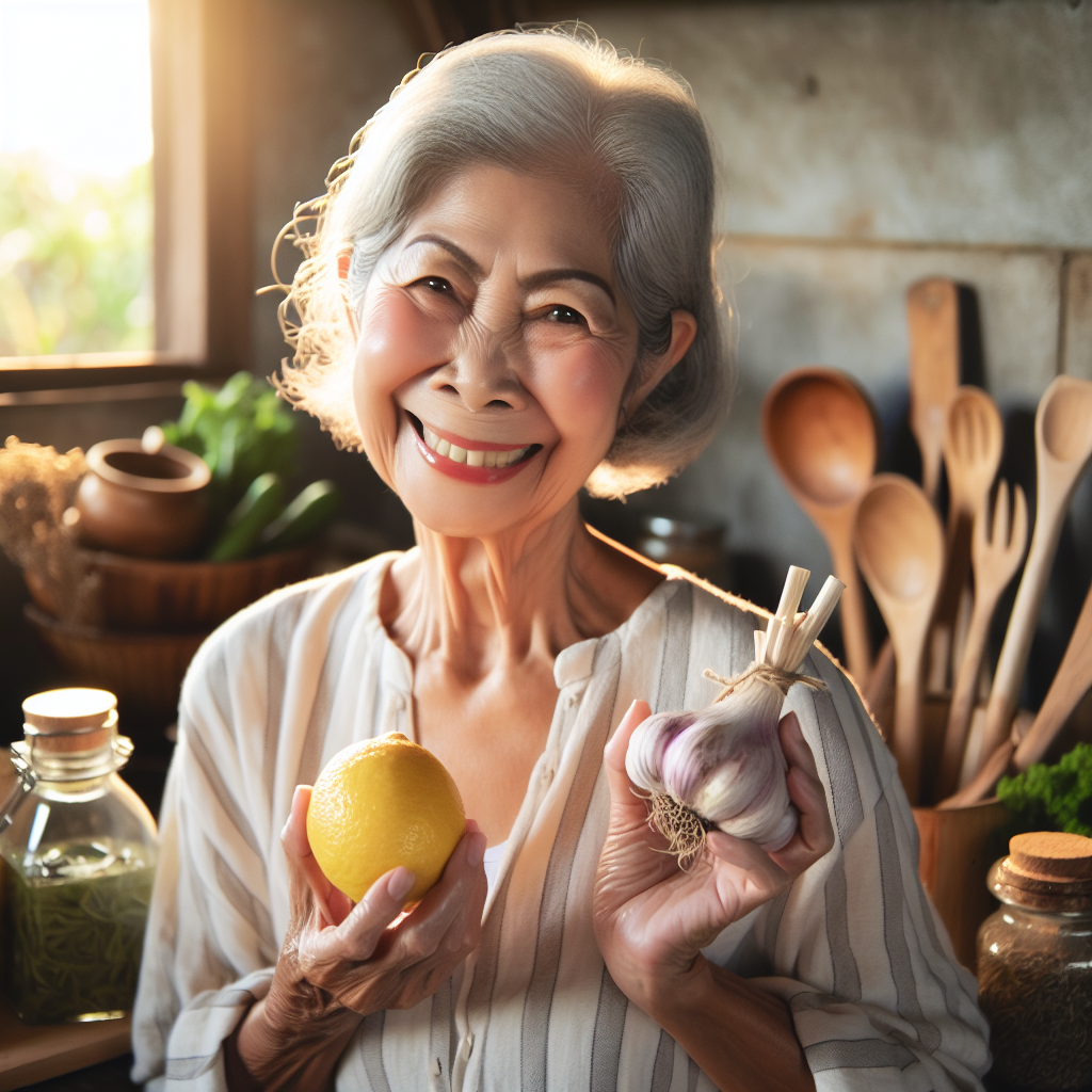 Grand-mère préparant des remèdes naturels avec du citron et de l'ail dans une cuisine rustique