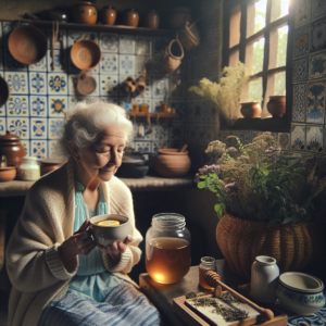 Grand-mère tenant une tasse de thé au citron avec du miel